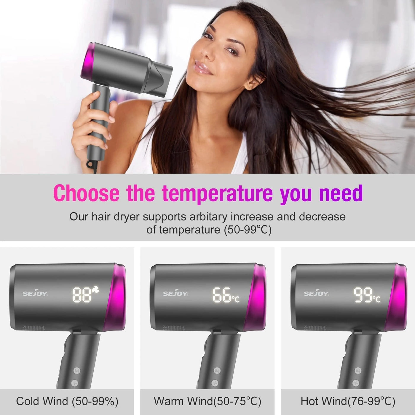 Sejoy Hair Dryer 110v 1800W, High-Speed Electric Turbine Airflow, Low Noise, Constant Temperature And Quick Drying for Home