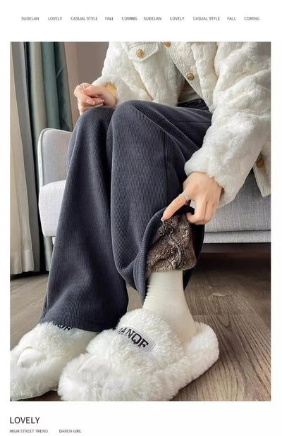 Winter Wide Leg Pants Women Autumn Plush Pants Women Extra Thick Lamb Fleece Warm Straight Korean Pants Joggers Women