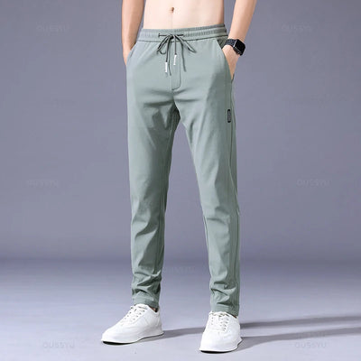 2025 Men's Trousers Spring Summer New Thin Green Solid Color Fashion Pocket Applique Full Length Casual Work Pants Pantalon