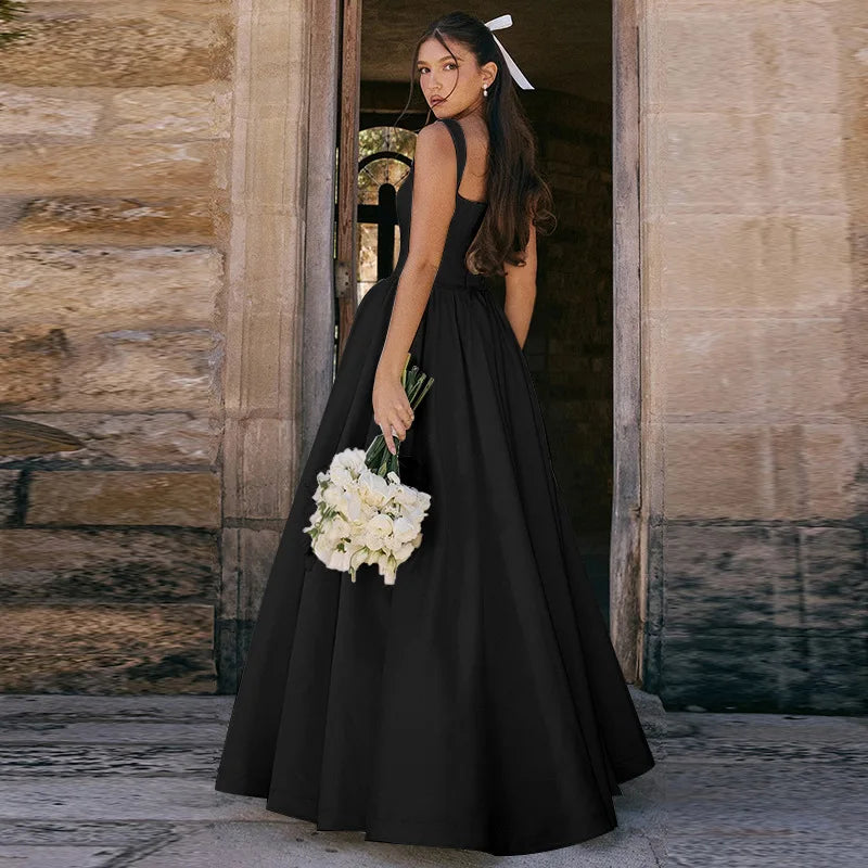 Elegant Slimming Solid Color A-Line Long Dress for Women Spring Summer 2025 Fashionable Style