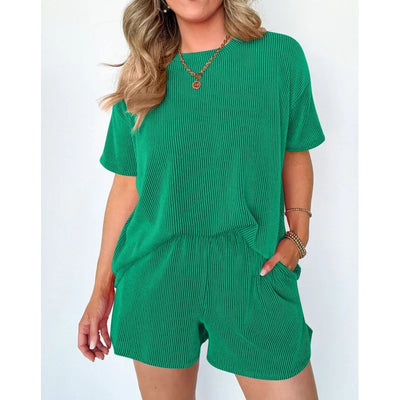 Women's clothing 2025 summer short-sleeved wavy crew neck top, elastic waist shorts two-piece set