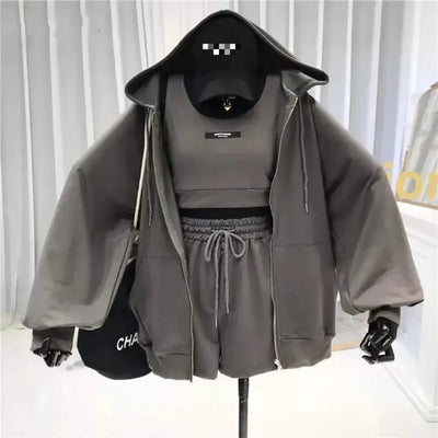 Shorts Three 3 Piece Sets Women Casual Vest Drawstring Short Hooded Zipper Jacket Sportswear Suits Y2k Streetwear Sports Hoodies