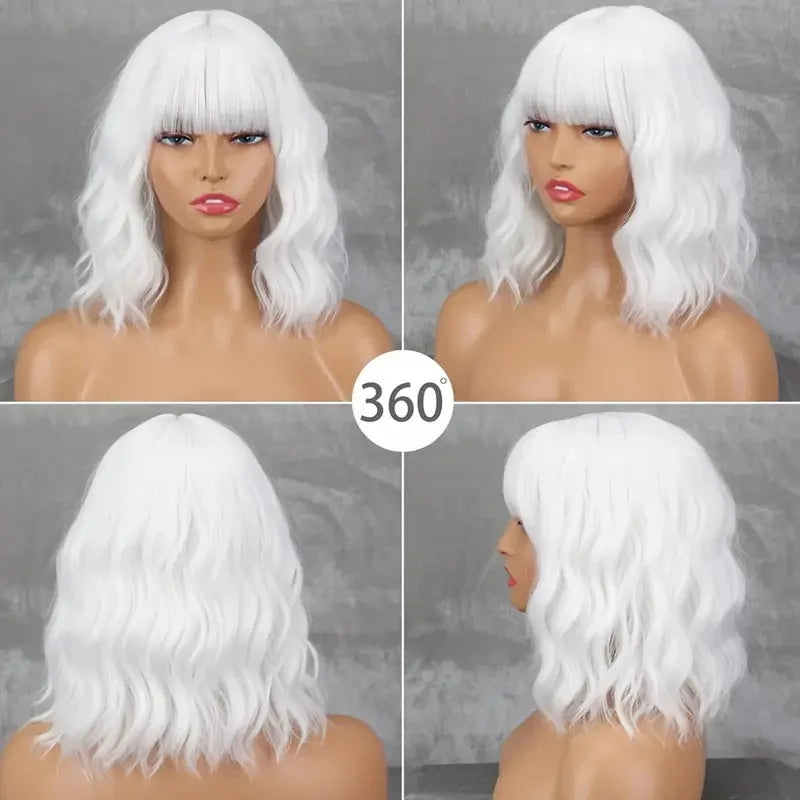 12Inch Women's White Synthetic Wig with Bangs Short Wavy Bob Haircut Layered Curly Ends Natural Look for Cosplay Event Hairstyle