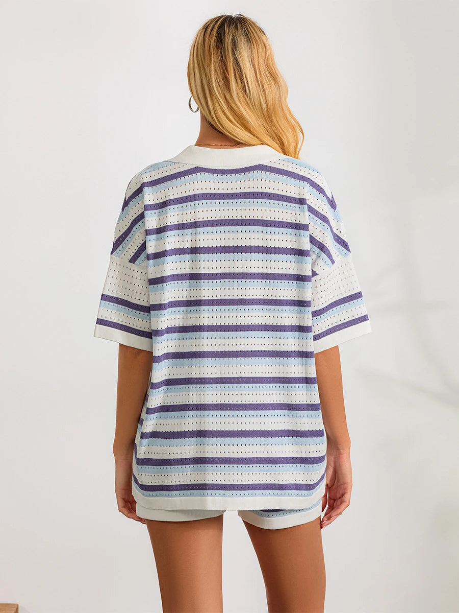 Women Pajamas Set 2 Pieces Loungewear Suits Summer Striped Contrast Color Button Crochet Knit Tops and Shorts Lounge Sets Beach