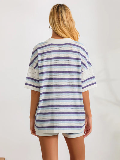 Women Pajamas Set 2 Pieces Loungewear Suits Summer Striped Contrast Color Button Crochet Knit Tops and Shorts Lounge Sets Beach