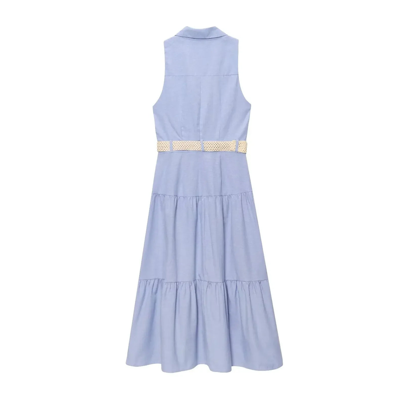 Women's Midi Dresses New Summer 2025 Blue Sleeveless Blend Midi Dress Belt Linen Blended Midi Dress Casual V Neck Dress