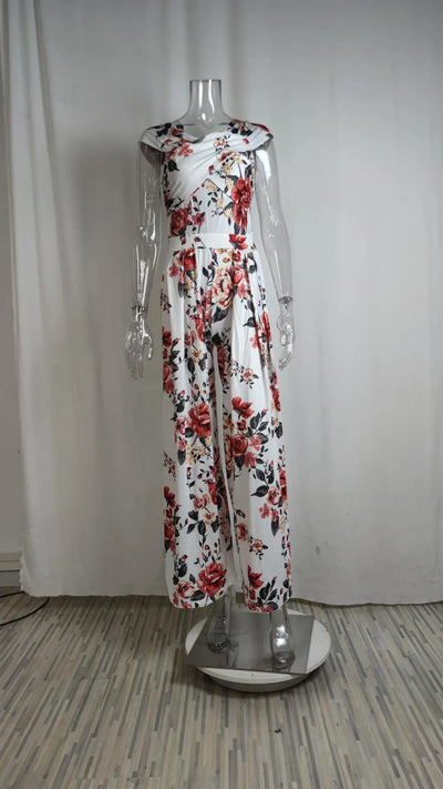 Women's Fashion Printed Casual High Waist Jumpsuit Ladies Sexy Off Shoulder Flower Short Sleeve Wide Leg Jumpsuit Woman Rompers