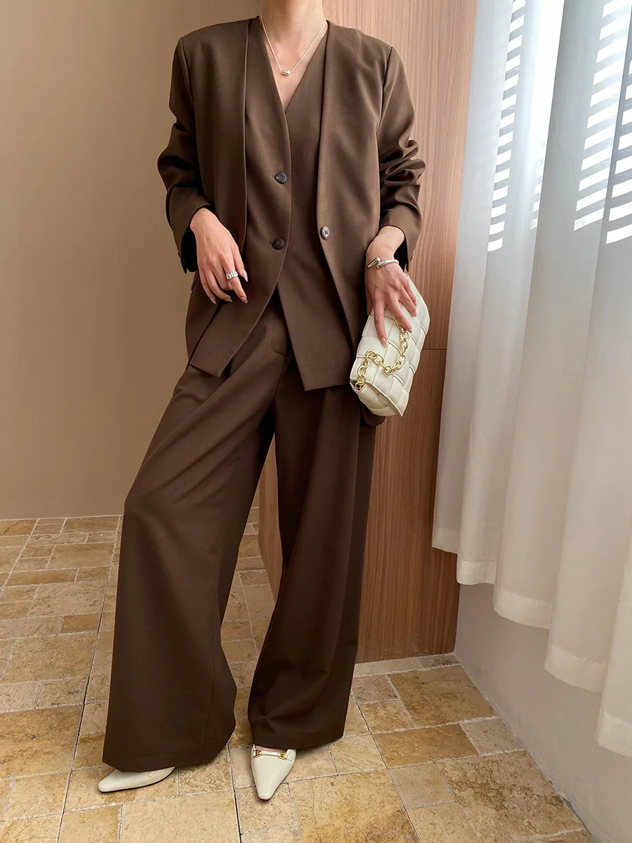 Spring and Autumn Women's Casual Solid Color Loose Jacket+V-neck Vest+Wide Leg Pants Set