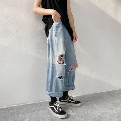 Summer Mens Ripped Jeans Blue Loose Fit Hole Wide-leg Pants Casual Fashion Trousers Streetwear High quality Denim Man Clothing