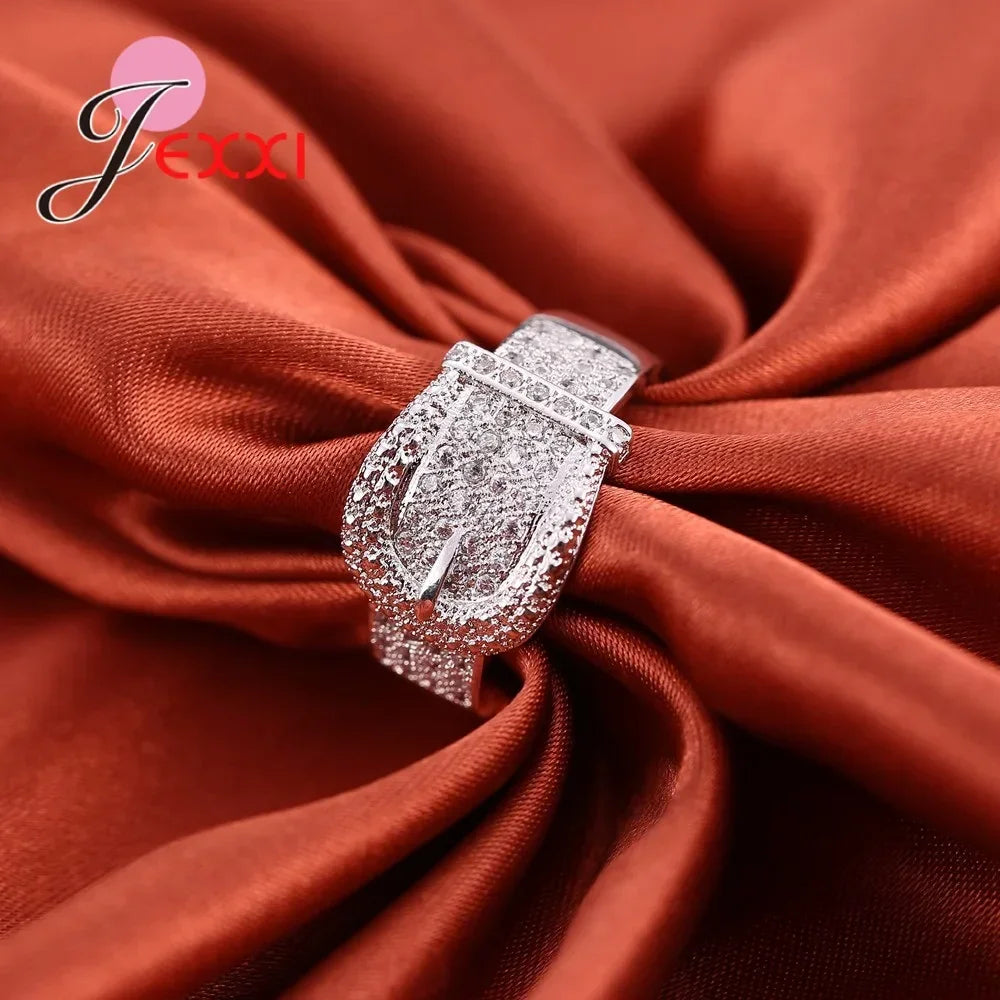 925 Sterling Silver Jewelry Fashion Shiny Belt Ring Women Delicate Full Austrian White Crystal Inlay Paved Bijoux