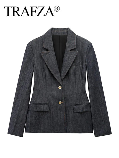 TRAFZA 2025 Spring Women Fashion Denim Blazer  Long Sleeves Tight Coat Female Vintage Streetwear Woman Jacket Top Trendy