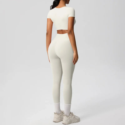 Yoga Set 2 Pieces Women Tracksuits Workout Sportswear Gym Clothing Fitness Short Sleeve With Padded High Waist Leggings Suits