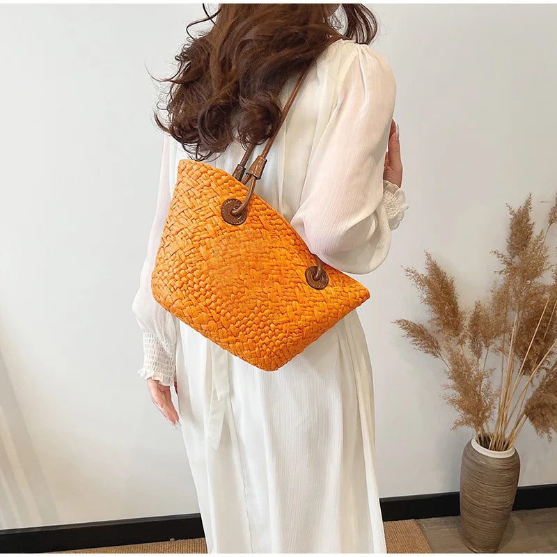 Designer Bohemian Chic Shoulder Bag,Solid Color Large Capacity Straw Woven Tote Bag,Nature-Inspired Beach Vacation Women Handbag