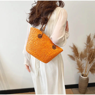 Designer Bohemian Chic Shoulder Bag,Solid Color Large Capacity Straw Woven Tote Bag,Nature-Inspired Beach Vacation Women Handbag