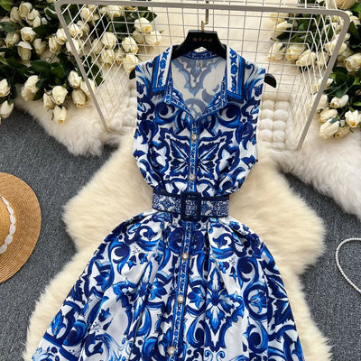 Summer Print Dress Women Sleeveless Elegant High Waist A-line Long Dresses for Women