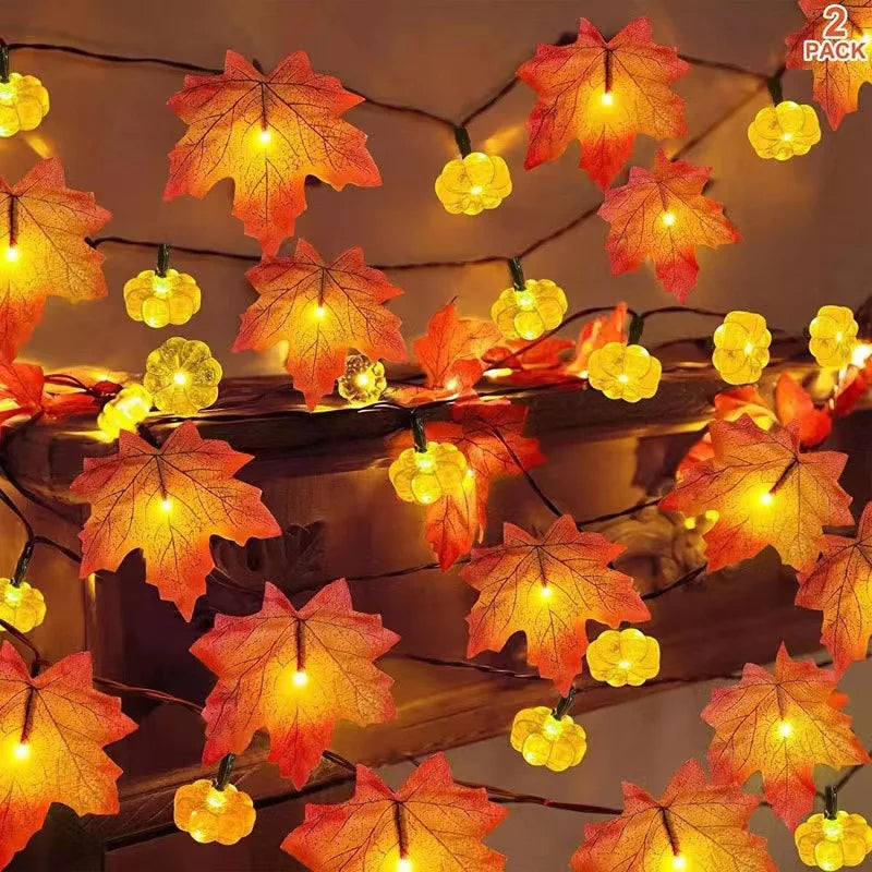 Autumn Artificial Fall Maple Leaves Pumpkin Garland Fairy Lights Halloween Thanksgiving Party Atmosphere Decoration Supplies