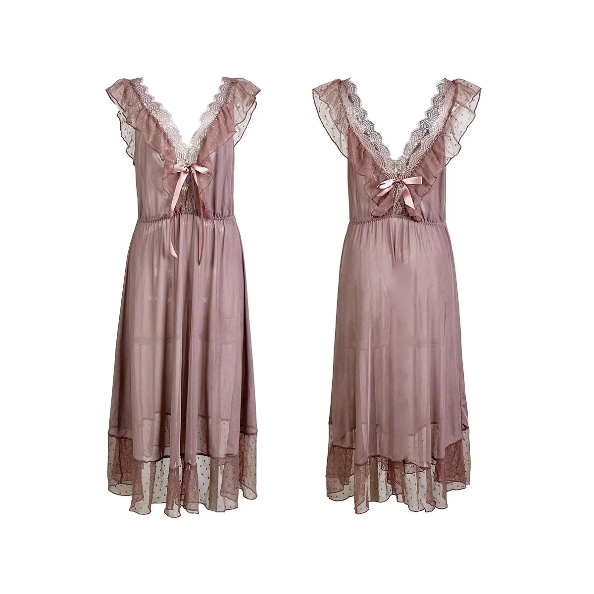 Women's Sexy Lingerie Nightgown Semi Sheer Babydoll Sleepwear Dress With Polka Dots Bow Knot Decor Summer Mesh V-Neck Loungewear