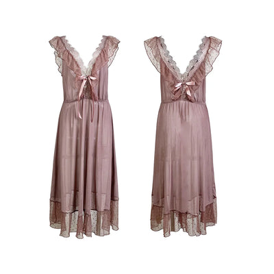 Women's Sexy Lingerie Nightgown Semi Sheer Babydoll Sleepwear Dress With Polka Dots Bow Knot Decor Summer Mesh V-Neck Loungewear