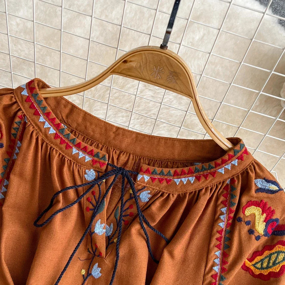 Boho Vintage Spring Autumn Women's Dress Ethnic Style Sundress Long Sleeve Embroidered Cotton Linen Black Beach Dresses платье