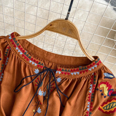Boho Vintage Spring Autumn Women's Dress Ethnic Style Sundress Long Sleeve Embroidered Cotton Linen Black Beach Dresses платье