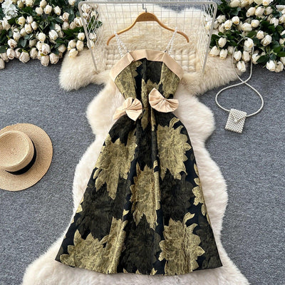 Women's Dress 2025 Summer Light Luxury Three-Dimensional Butterfly Butterfly Waist Cinched Suspender Printed Large Swing Dress