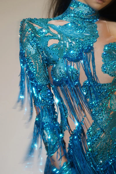 Women Dance Costume Sexy Skinny Leotard Singer Dancer Show Stage Wear Sparkly Blue Rhinestones Fringes One Shoulder Bodysuit