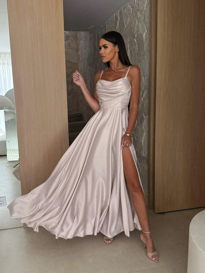 2025 Summer Women's Sexy Off Shoulder Solid Color Folded Split Strap Dress