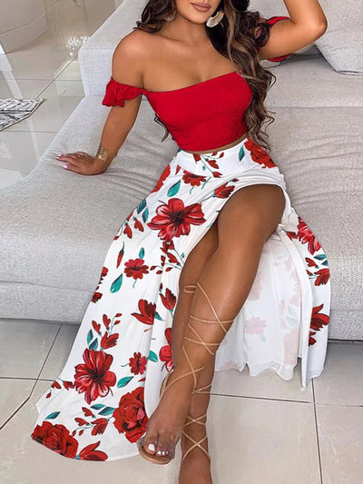 Summer Fashion Sets For Women 2 Pieces Solid Pleated Tops & Floral Print High Waist Midi Skirt Female Chic Lady Long Skirts Set