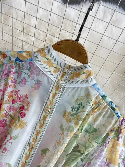 Bohemian Floral Chiffon Summer Dresses for Women 2024 Runway Stand Collar Lantern Sleeve Beach Holiday Long Vestidos Boho Robe