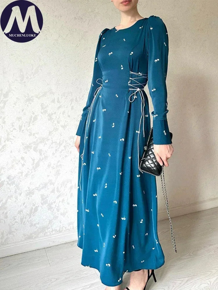 Elegant Dresses for Women 2025 Spring Summer New Long Sleeve O Neck Dress Fashionable Slim Fit Lace Up Lower Back Evening Dress