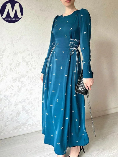 Elegant Dresses for Women 2025 Spring Summer New Long Sleeve O Neck Dress Fashionable Slim Fit Lace Up Lower Back Evening Dress