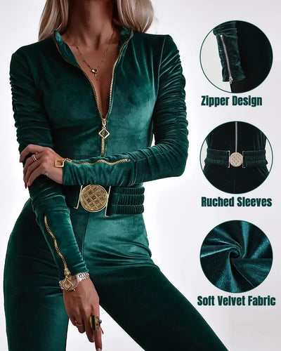 Zipper Design Ruched Long Sleeve Velvet Jumpsuit with Elastic Waistbelt Women Jumpsuits Pants Overall