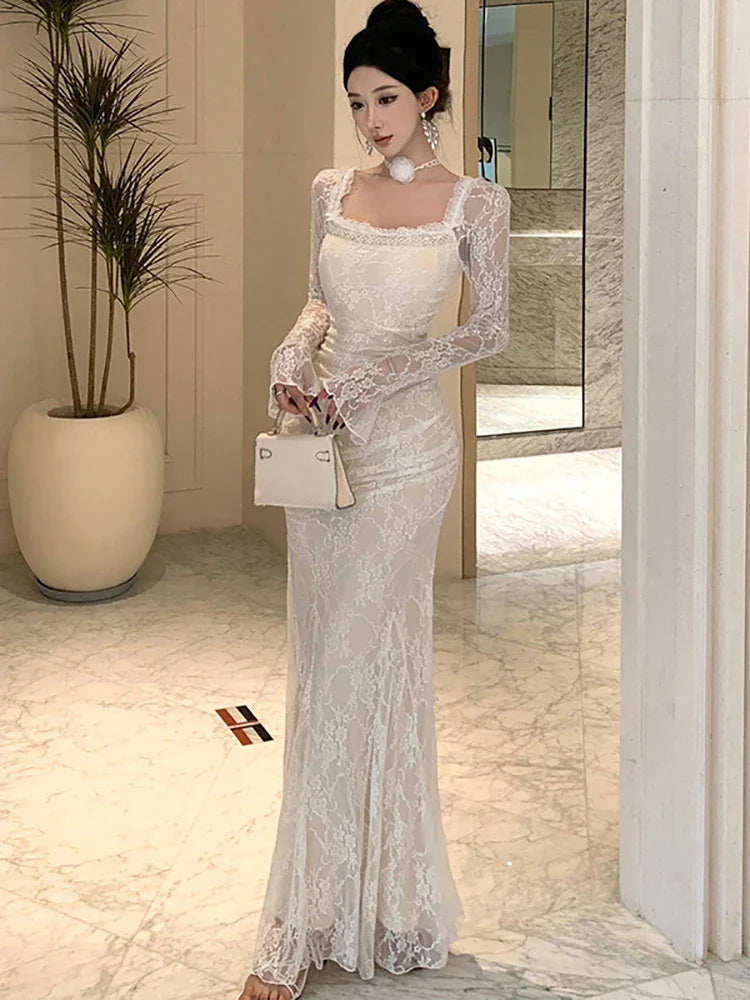 Women Korean Fashion Chic Luxury Evening Dress Autumn Winter White Lace Diamond Square Collar Dress 2025 Elegant Mermaid Dresses