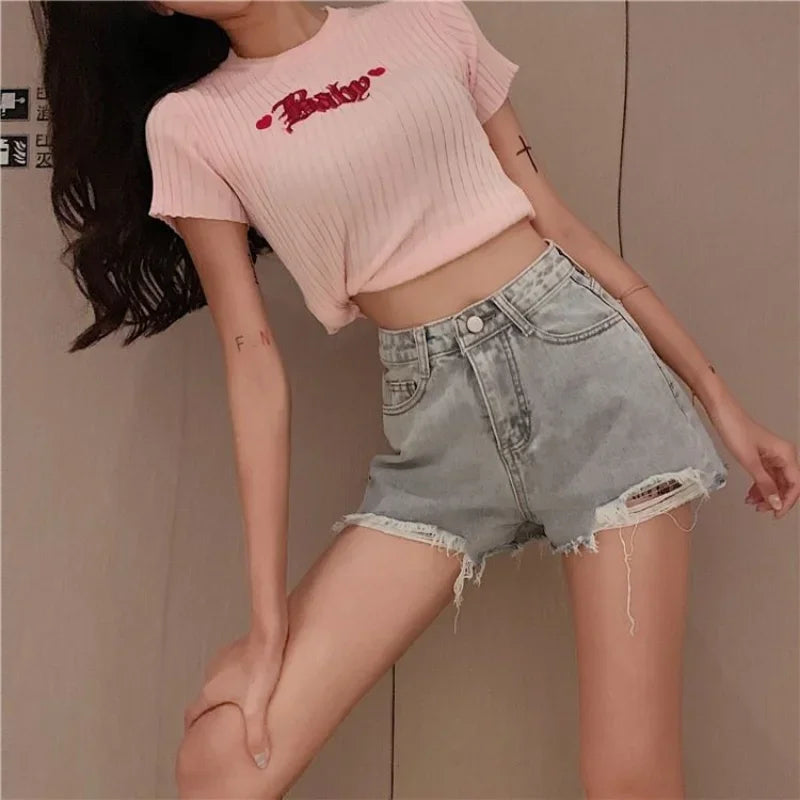 Women's Shorts Graphic Blue Short Pants for Woman To Wear Sexy Denim Jeans Print Design Low Price Youthful Korean Style Clothing