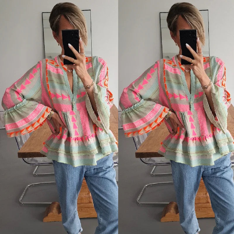 Women Loungewear Shirts V-Neck Long Flare Sleeve Fashion Ruffles Ladies Pullover Blouses 2023 Patchwork Streetwear Dropshipping