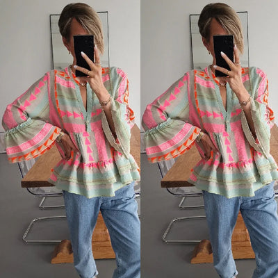 Women Loungewear Shirts V-Neck Long Flare Sleeve Fashion Ruffles Ladies Pullover Blouses 2023 Patchwork Streetwear Dropshipping