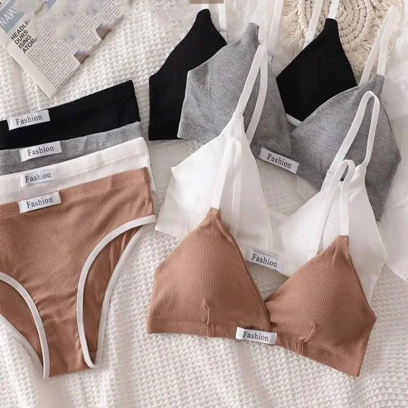 Women Cotton Bra And Panties Set Low Rise Briefs Panties Non-Wire Vneck Bras Sexy Lingerie Push Up Brassiere Female Underwear