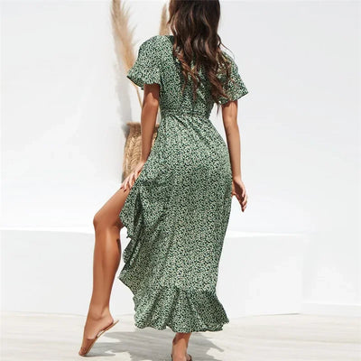 Women Summer Dresses Bohemian Sexy V-Neck Irregular High Waist Lace-up Chiffon Print Dress Casual Beach Long Dress