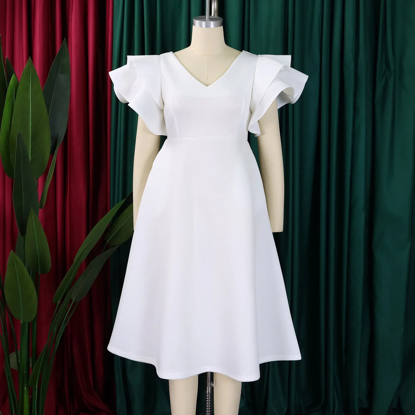 Elegant Party Dresses for Women V Neck Ruffles Sleeve High Waisted A Line Mid Calf Luxury Birthday Dinner Vestidos Mujer Dress