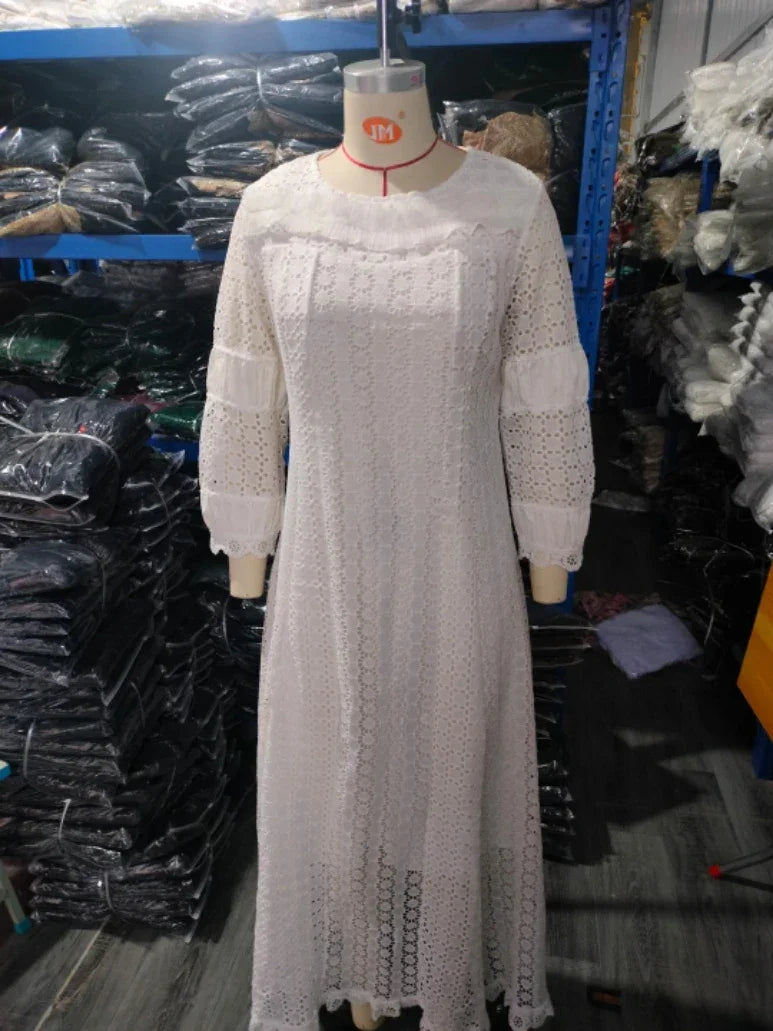 White Lace Dresses for Women Wedding Guests Elegant Turn Down Collar Puff Sleeves Pleated Hem Midi Dress Luxury Occasion Clothes