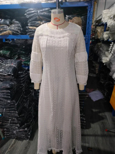 White Lace Dresses for Women Wedding Guests Elegant Turn Down Collar Puff Sleeves Pleated Hem Midi Dress Luxury Occasion Clothes