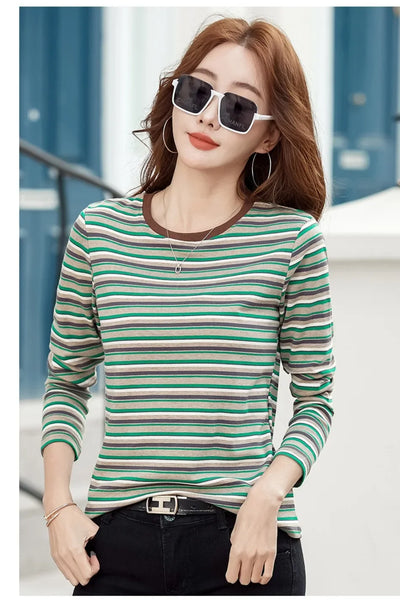 2024 New Women Clothing Crew Neck Striped Bottom Shirt Spring and Autumn Long Sleeve Tops T-Shirt Loose Interior Casual Top