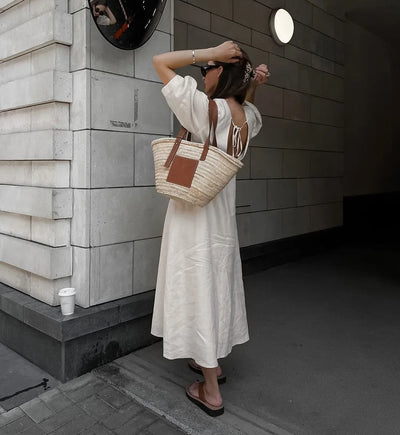 Retro Cotton Linen Women'S Summer Dress Sexy V-Neck Puff Sleeve Long Maxi Birthday Graduation Dresses Beach Sundress Robe Femmes