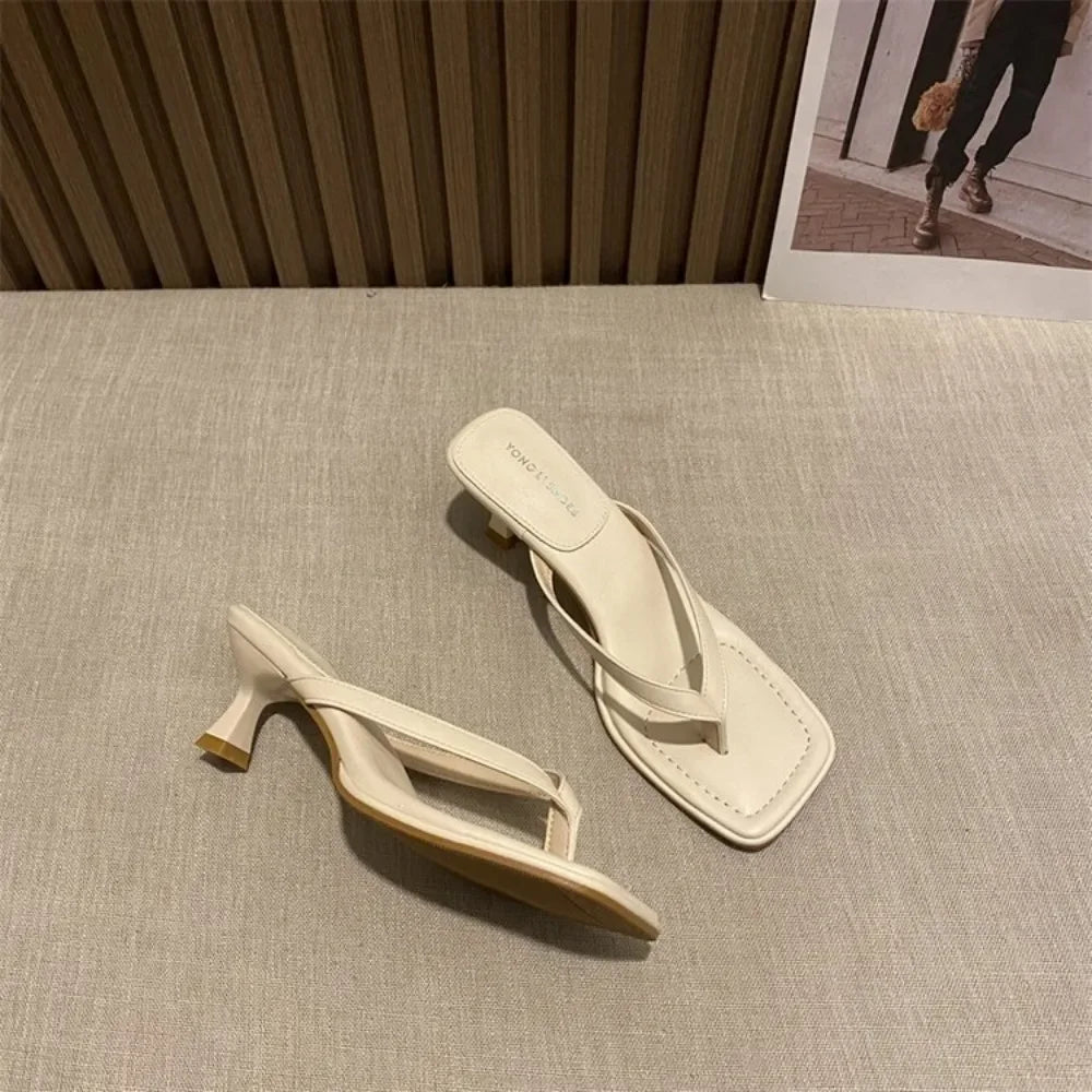 Flip Flops Women Summer Outside New Square Head Slim Heel Sandals Fashion Clip Toe Slippers Women Sandals Pantuflas De Mujer