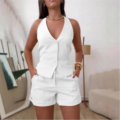 Summer Sexy Backless 2 Pieces Sets New Fashion Women's Outfits V Neck Button Front Sleeveless Tank  Pocket Shorts Set Suit Women