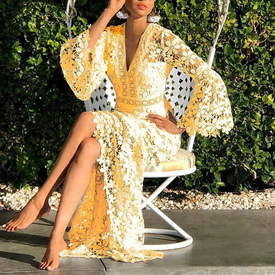 Summer Dress for Women See Through Hollow Out Sexy Long Dresses Long Sleeve V-Neck Lace Dress Loose Bohemian Loose Beach Smock