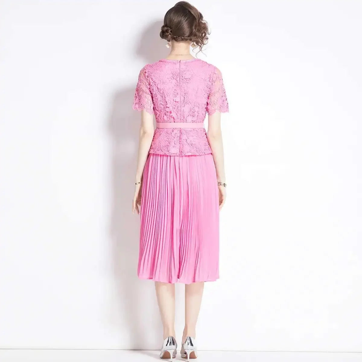 Luxury Evening Dress Women Summer Vacation Short Sleeve Pleated Lace Chiffon Long Dresses White Single Breasted Midi Party Robe