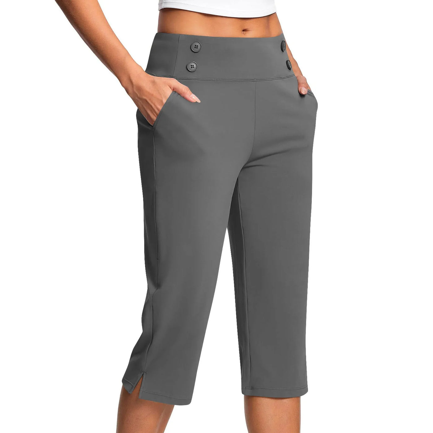 Women Elastic High Waist 3/4 Pant Casual Active Fit Wide Capris Leg Pants Trousers With Pockets Pants Woman брюки женские