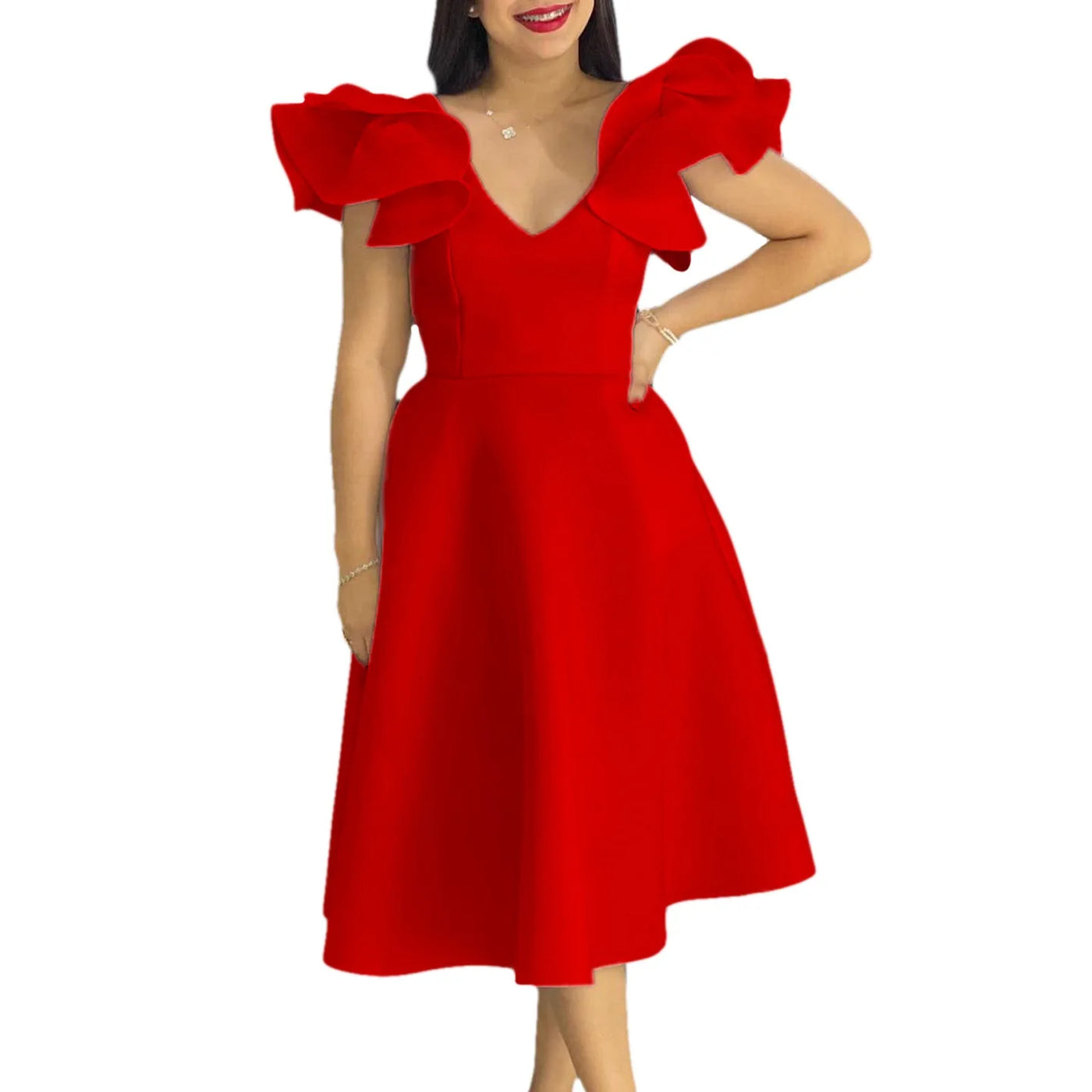 Elegant Party Dresses for Women V Neck Ruffles Sleeve High Waisted A Line Mid Calf Luxury Birthday Dinner Vestidos Mujer Dress