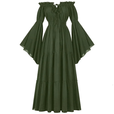 Women Renaissance Irish Dress Off Shoulder Medieval Peasant Dress Pirate Costume Wench Retro Gown Smocked Waist Maxi Long Dress